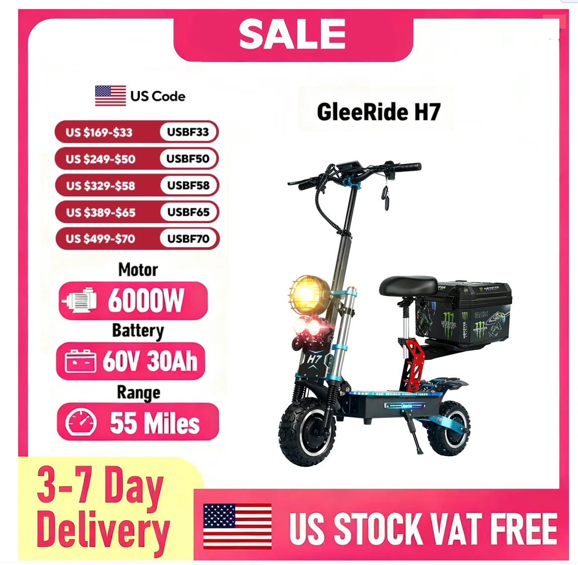 

GLEERIDE H7 11" Off-Road Electric Scooter 3000W*2 Dual Motor 60V 30Ah LG Battery