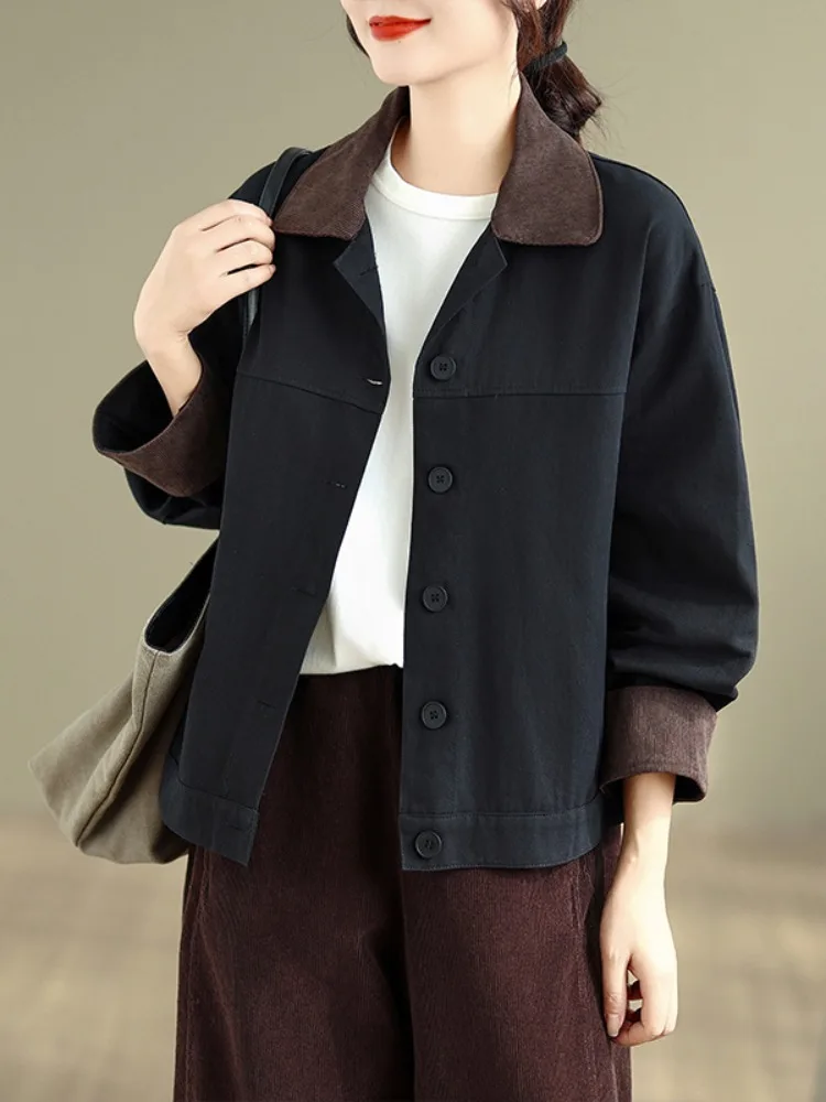 Women's Short Collared Jacket Spring Autumn Casual Loose Fit Color Block Cotton Workwear Cardigan Top Fashion Sensation
