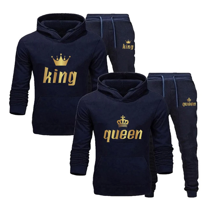 2024 New Casual Autumn and Winter Men's and Women's SweaterSet KING QUEEN Loose Cotton Relaxed Hooded Print Couple SetSweatshirt