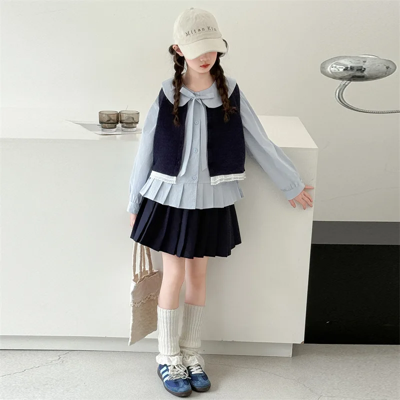 

Autumn Korean School Girls 3pcs Outfit Bowknot Peter Pan Collar Undershirt+Patchwork Vest+Pleated Skirt Children Girls Sets