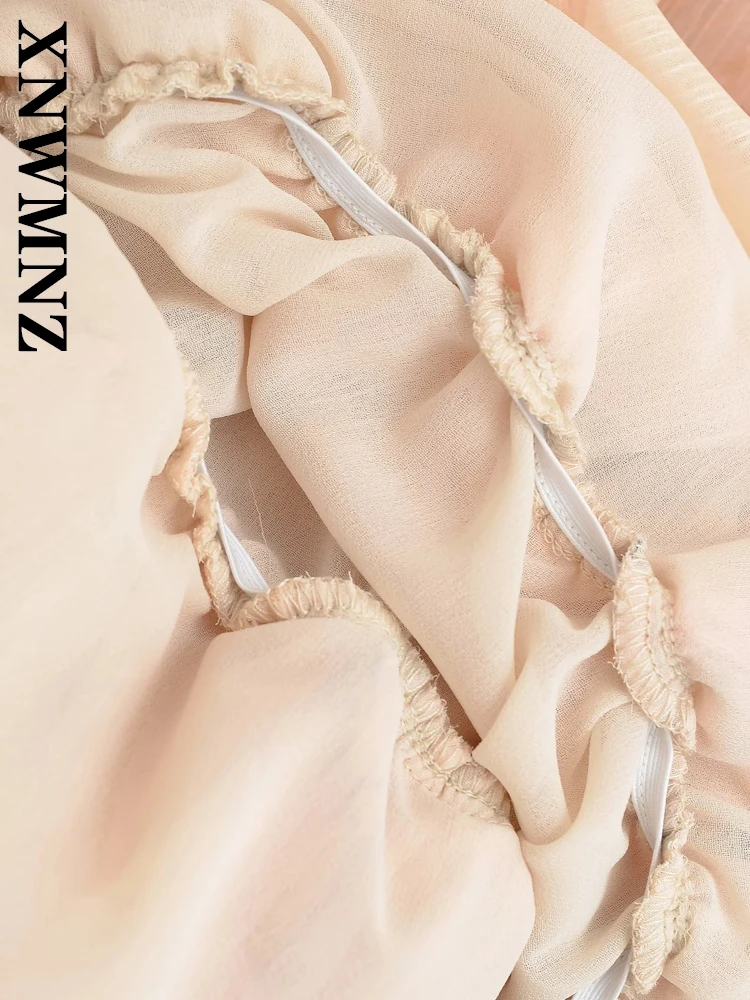 XNWMNZ 2025 ฤดูร้อนใหม่เลดี้แฟชั่น boho โบว์คอยาวแขนยาวมินิชุดลําลองวันหยุดผู้หญิง Ruffle ชุดดอกไม้