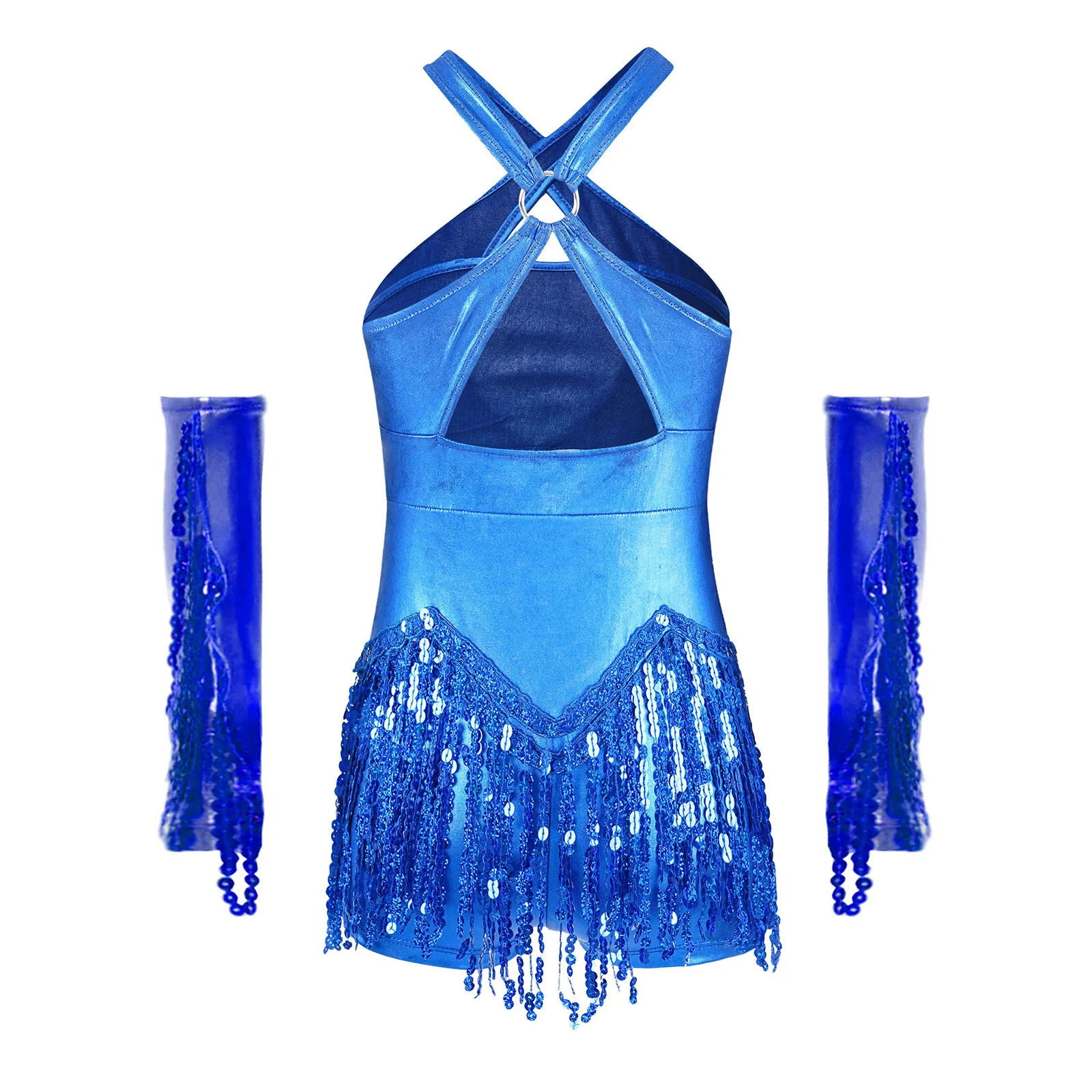 Kids Girls Latin Dance Cha-Cha Performance Costume Cross Front Cutout Back Sparkly Sequins Tassel Leotard with Metallic Gloves