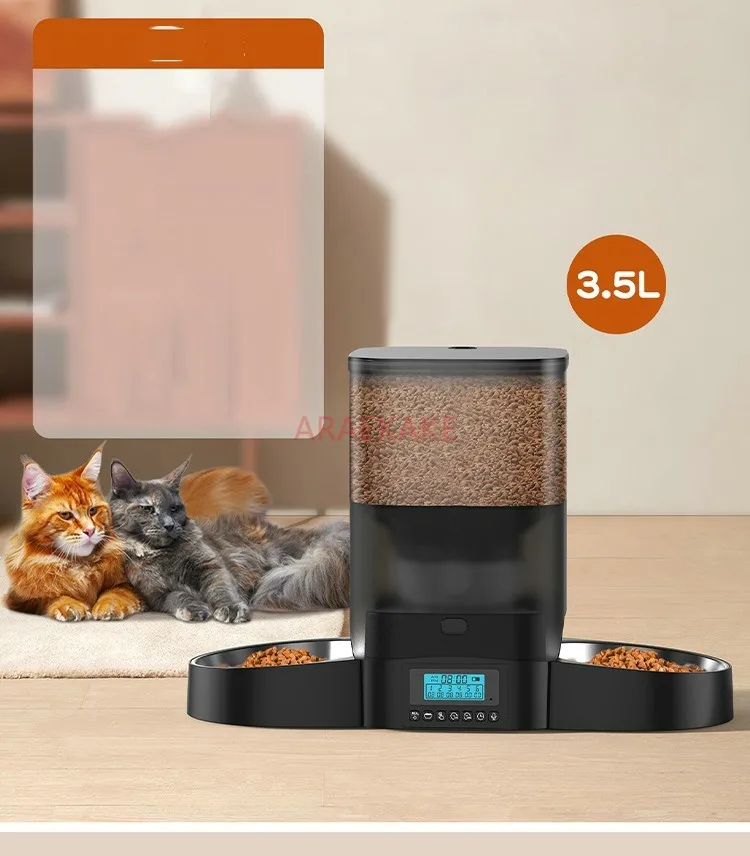 Two cat  food dispenser with slow feeding bowl, programmable timed cat feeder, dual power supply