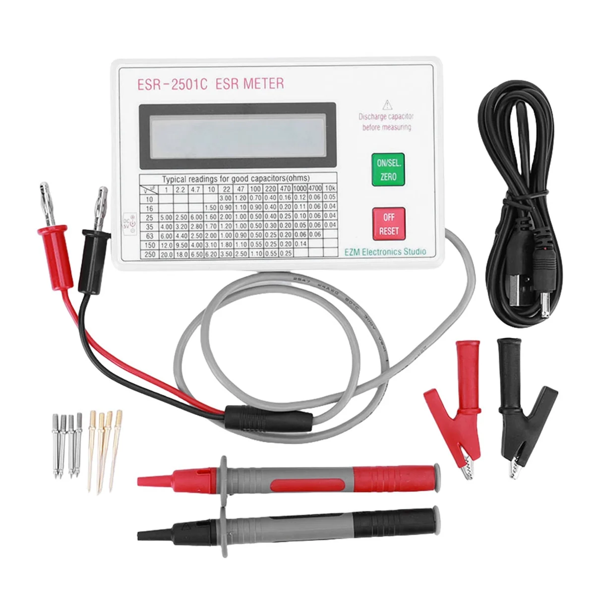 New ESR Capacitor Tester Test in Circuit Capacitance Meter with Test Leads Clip Battery LCD Display ESR Meter Smart Shutdown