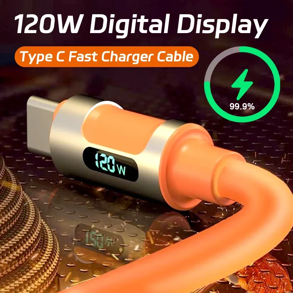 LED Digital Display 120W High-speed Type C Quick Charger Data Line Fast Charging USB C Cable Cord for Samsung Huawei Xiaomi