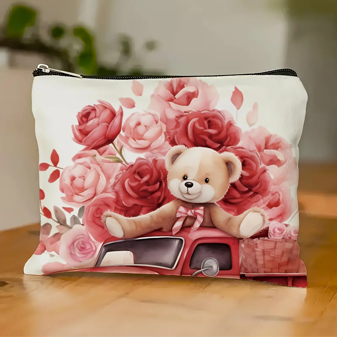 

A Valentine's Day Red Roses And Cartoon Bear Makeup Bag- Multifunctional Zipper Pouch, Jewelry Storage Bag, Perfect Travel Zippe