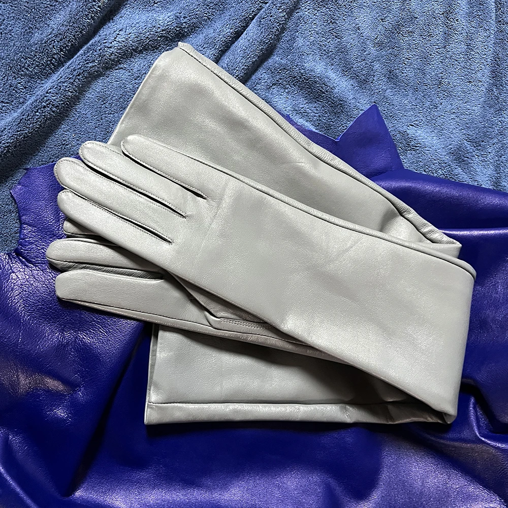

Men's Light Grey Sheepskin Gloves Women's Leather Gloves Long Leather Gloves Fashion Catwalk Gloves