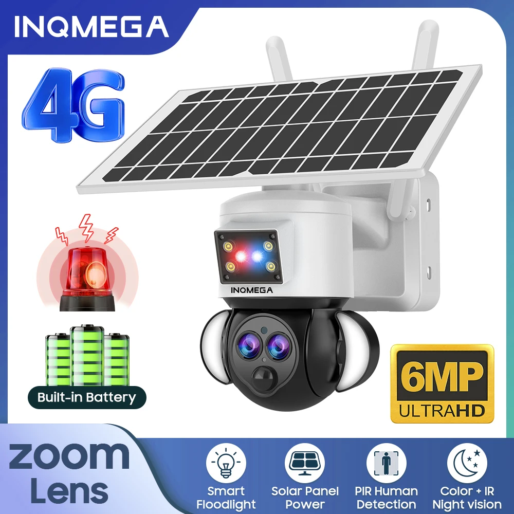 

INQMEGA 6MP 3K 12X Zoom Wireless Outdoor WIFI Solar Camera Solar Powered Camera 4g CCTV for Smart Home Farm Yard Field Monitor