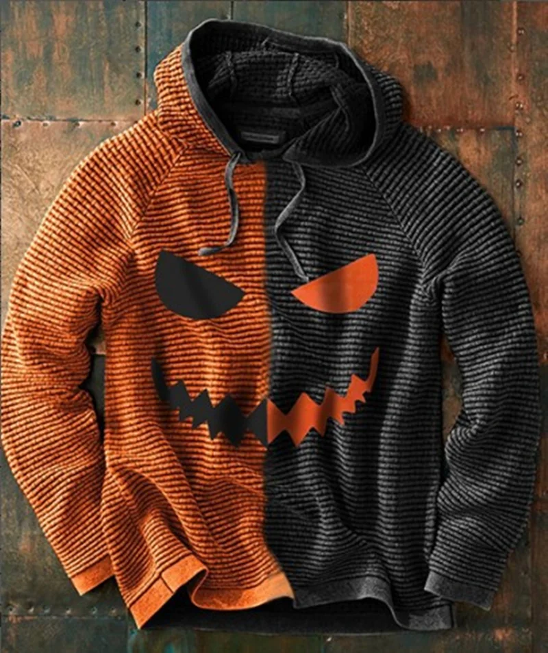 Halloween men's new pumpkin digital print Christmas gift Waffle hoodie sweatshirt