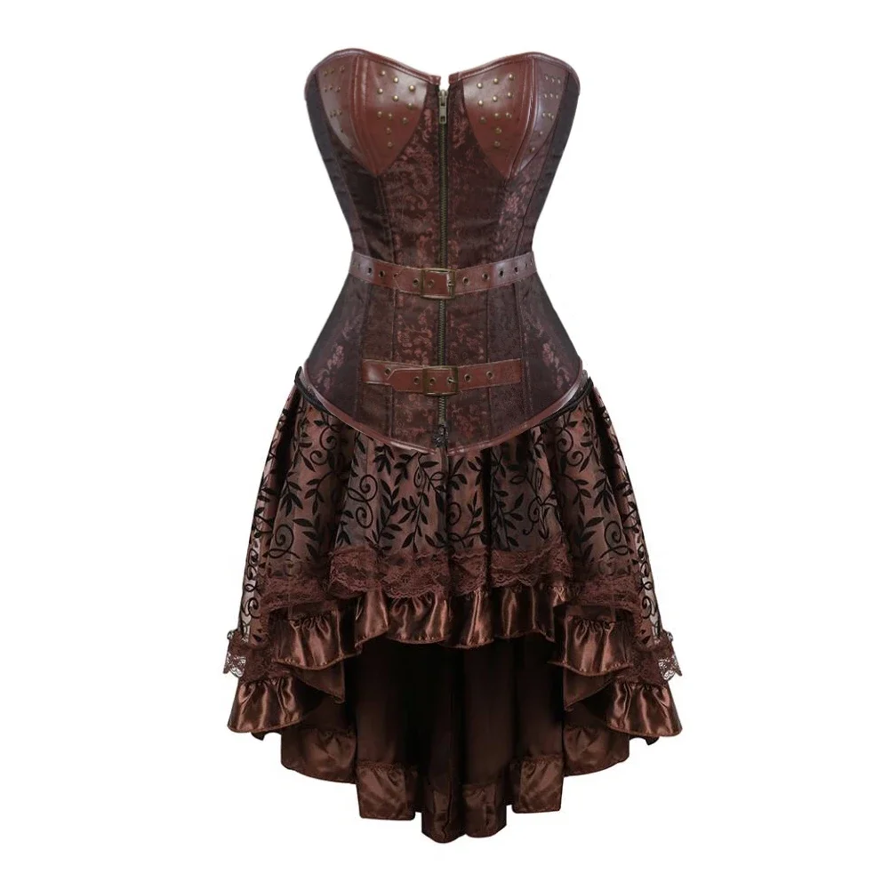 

Steampunk Corset Dress with Skirt Sexy Gothic Leather Bustier Vintage Retro Corselet Lace Corsets Buckle Korset Outfit Plus Size