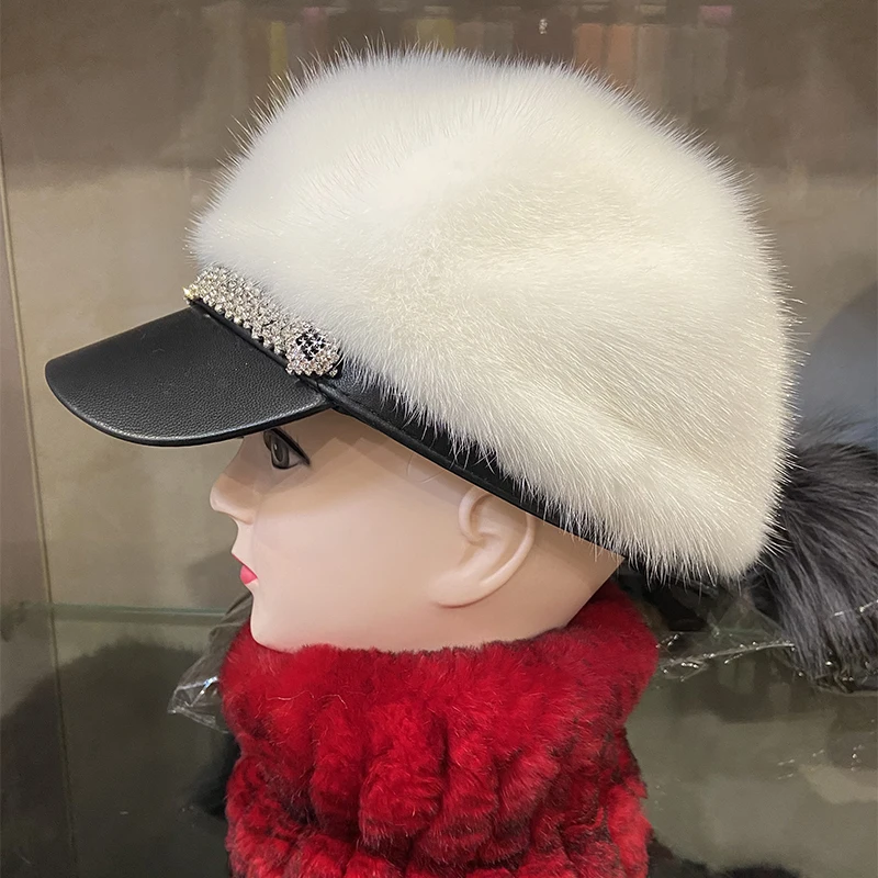 Women Winter Natural Real Mink Fur Hat Korean Russian Warm Mink Fur Hat Real Fur Peaked Cap