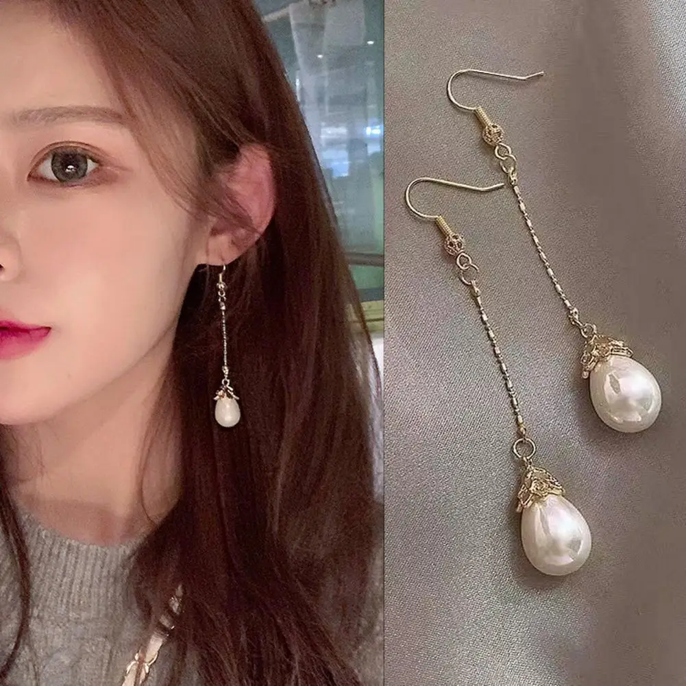 Faux Pearl Hook Earrings Vintage Elegant Luxury Temperament Golden Short Long Tassel Women Dangling Drop Earrings Jewelry Acces