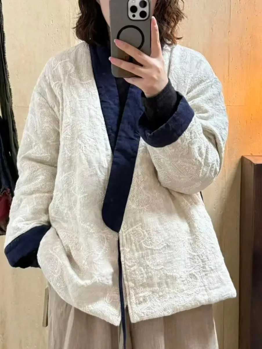 

New Chinese Style Thickened Linen Collar Hanfu Cotton Jacket Women Winter Warm Embroidered Cotton Padded Coat Outerwear