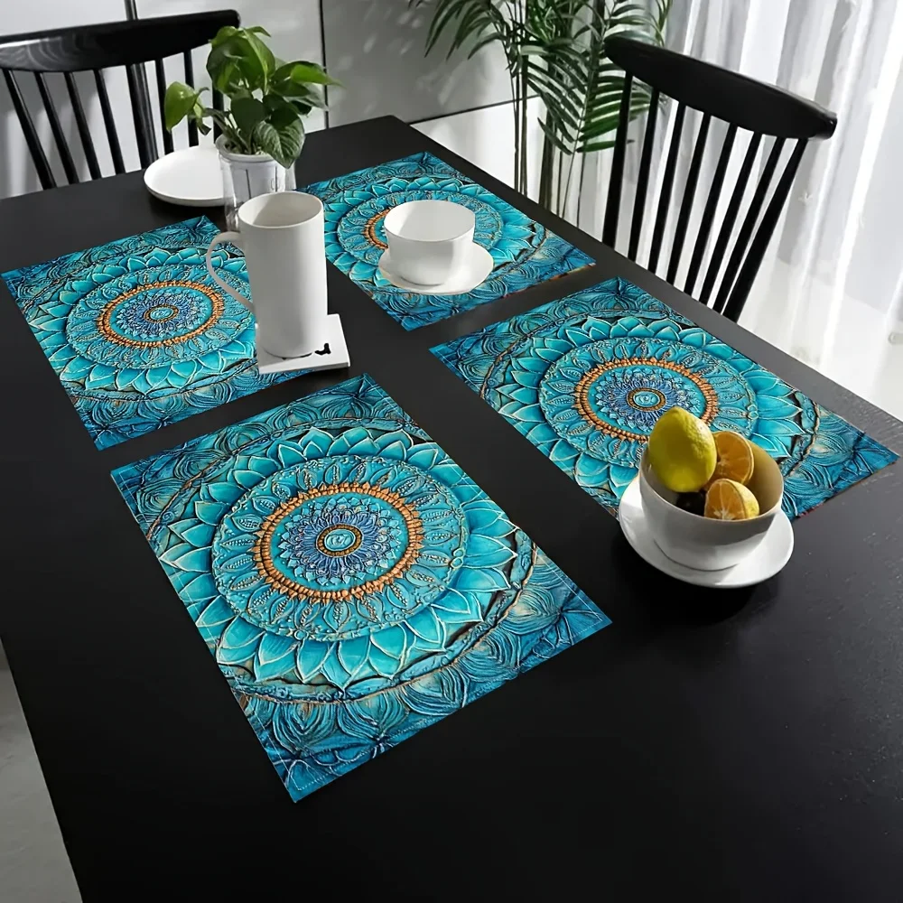 4pcs Turquoise Mandala Rectangle Placemat Set, Hand‑Washable Imitation‑Linen for Kitchen Dining Party Home Table Decor