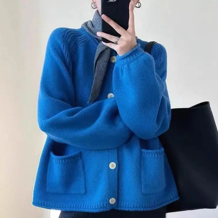 Klein Blue Knit Cardigan Sweater Korean Women Long Sleeve Vintage Sweater Oversize Elegant Tops Coats Casual Spring Knitwear