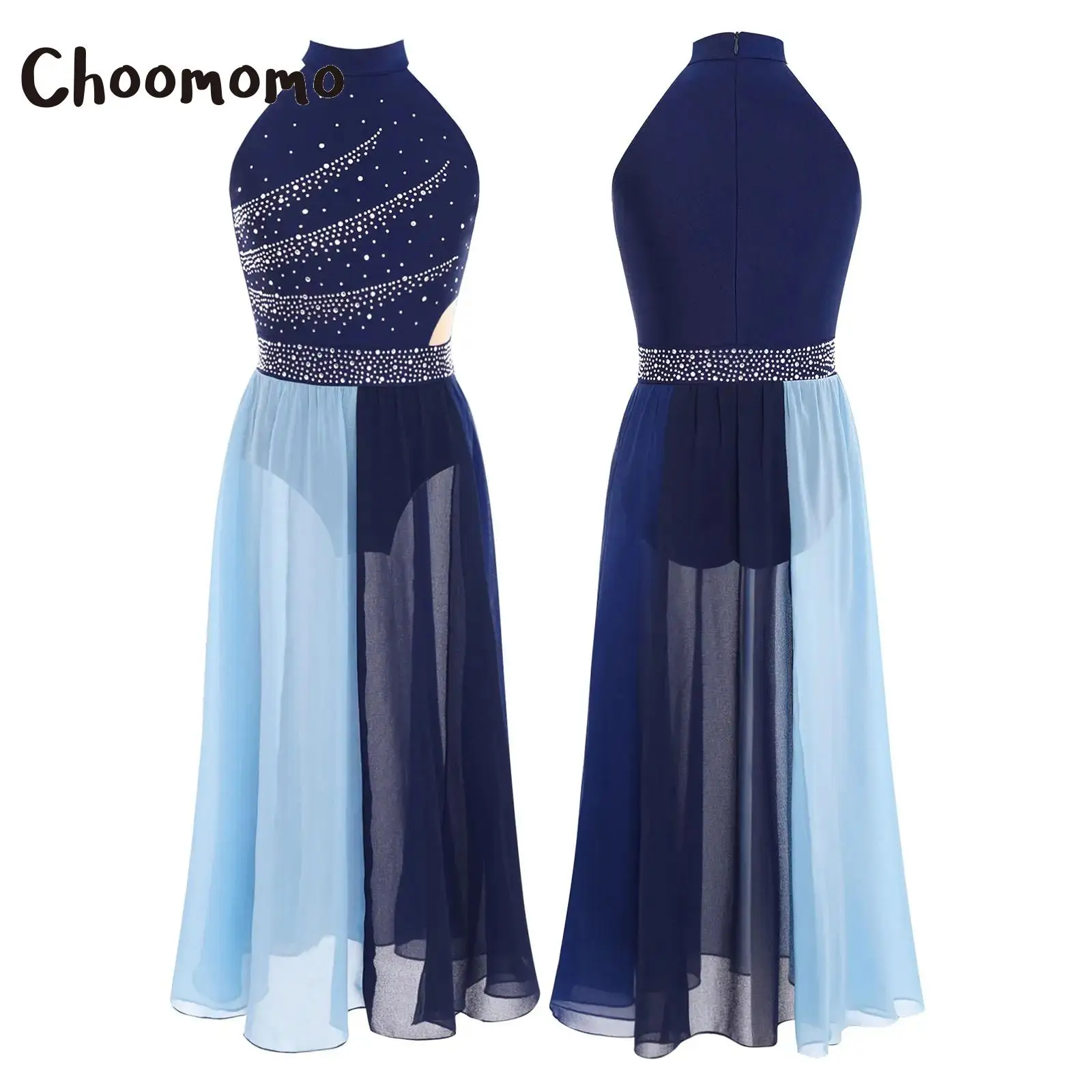 

Kids Girls Sleeveless Lyrical Dance Dress Modern Contemporary Costume Rhinestones Color Block Side Split Chiffon Maxi Dancewear