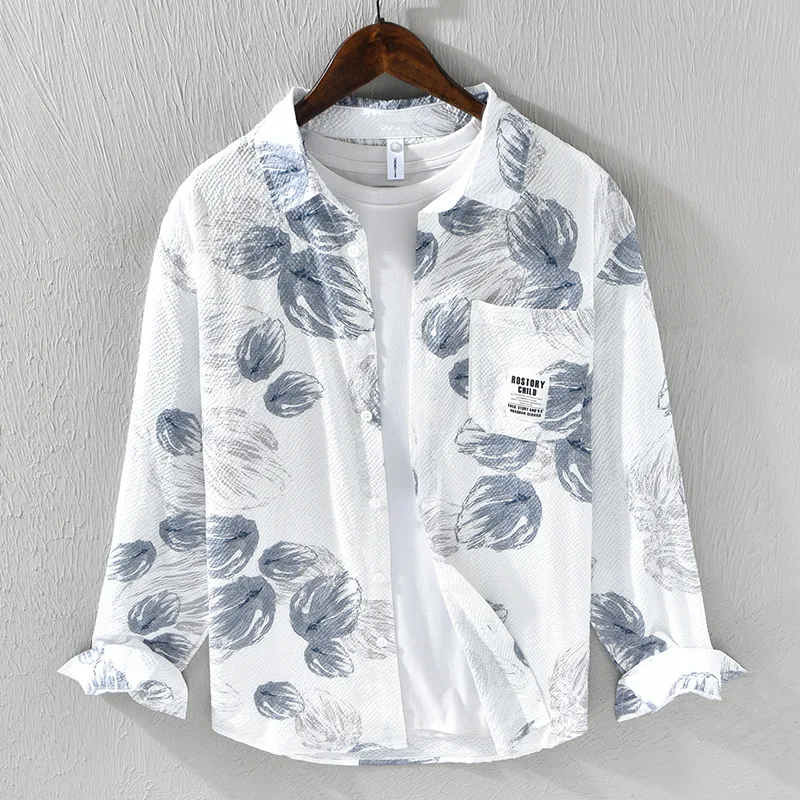 

8654 японская стильная модная повседневная рубашка с длинным рукавом с принтом для мужчин универсальная простая Весенняя Мужская свободная мягкая верхняя одежда тонкая куртка