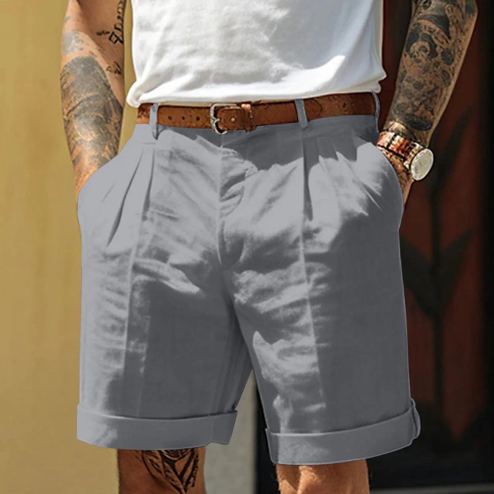 Male Summer Casual Solid Short Pant Button Short Trouser Pant Pocket Short Fashion Short Mercerized Cotton Bermuda Shorts