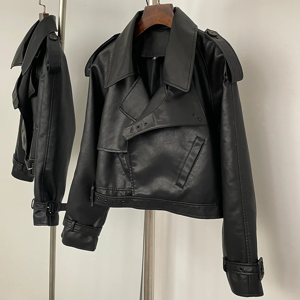 Otoño nueva chaqueta de piel sintética para mujer cuello vuelto con cinturón abrigo moda americana Vintage Moto Biker chaquetas de PU