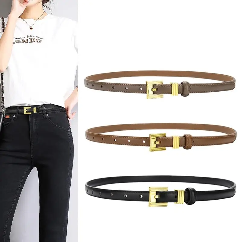 

Fashion Genuine Leather Womens Belts for Jeans Womens Leather Belt with Gold Pin Buckle Skinny Belts for Pants Dresses