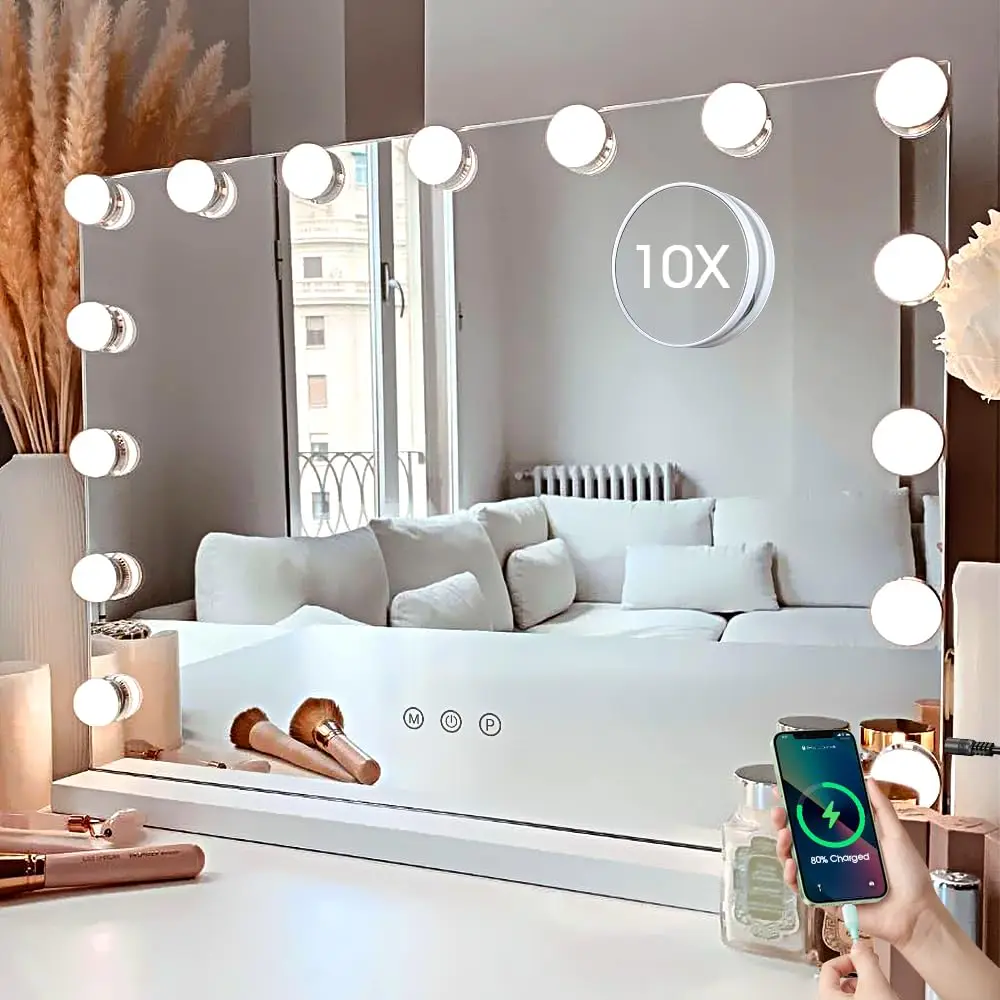 

Vanity Mirror With Lights,23×18"" Makeup Mirror, Mirror With 15 Led,3 Color Modes & Detachable 10X Magnification Mirror,Slim