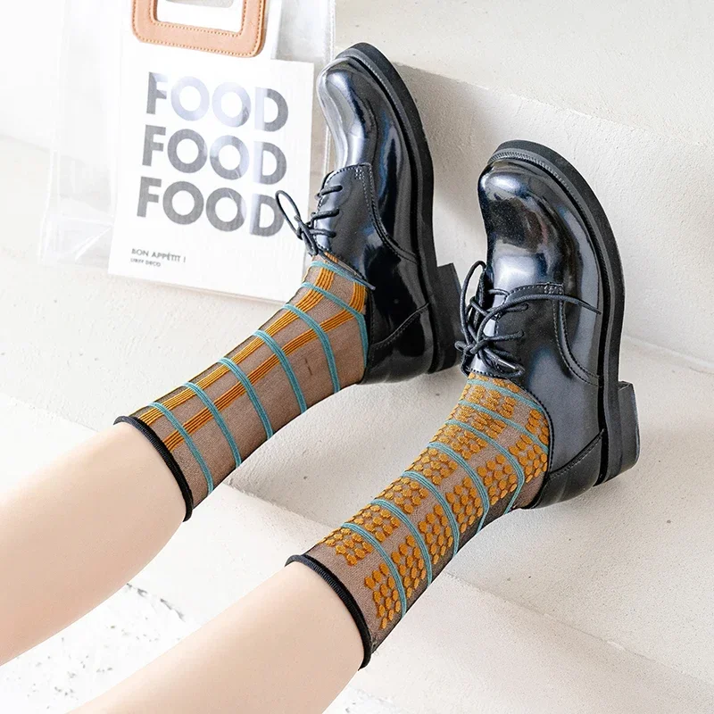 New Fashion Woman Socks Novelty Harajuku Summer Crystal Silk Socks Animal Cartoon Cute Print Ultra-thin Transparent Long Socks