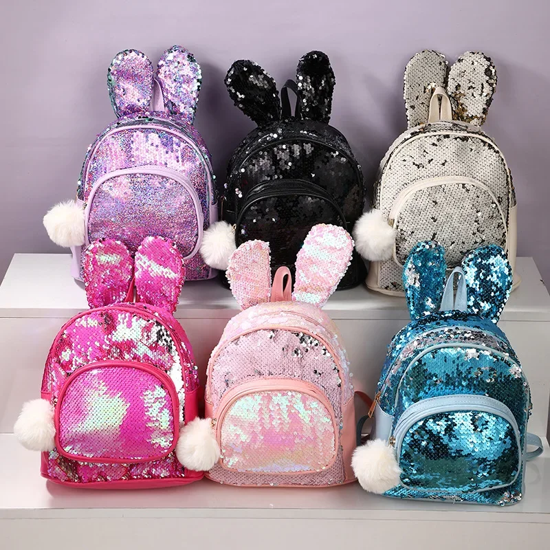 Mochila Fashion Sequins Backpack Cute Rabbit Ears School Bags for Girls Zipper Large Capacity Shoulder Bag Princess Kindergarten