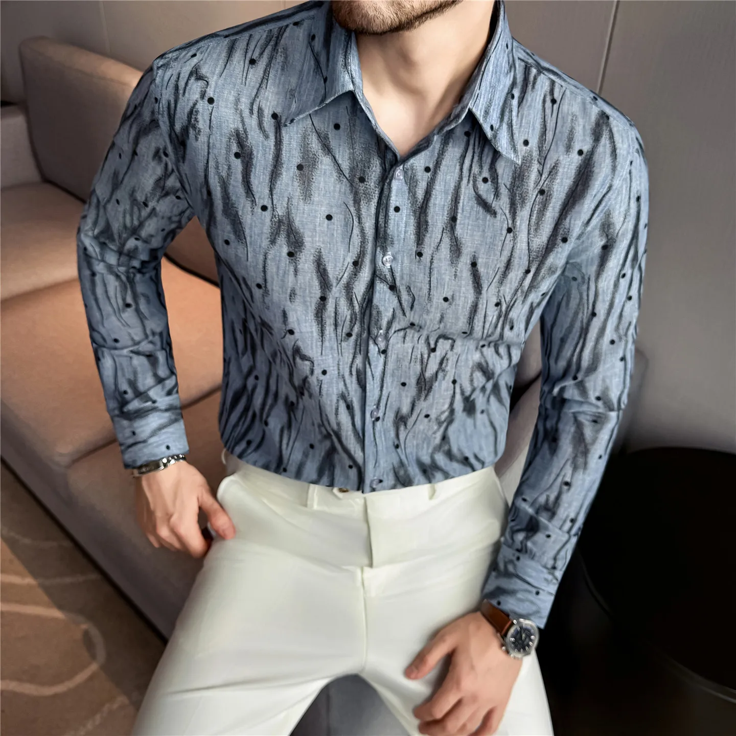 

Модный жаккардовый дизайн ​ ​ ​ ​ Мужская текстурированная рубашка в полоску и горошек — устойчивая к морщинам повседневная одежда / повседневная одежда Essential