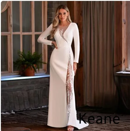 Simple Satin Wedding Dresses Mermaid V-Neck Full Sleeves Vestido De Noiva Dubai Arabic Wedding Gown Bride Dress