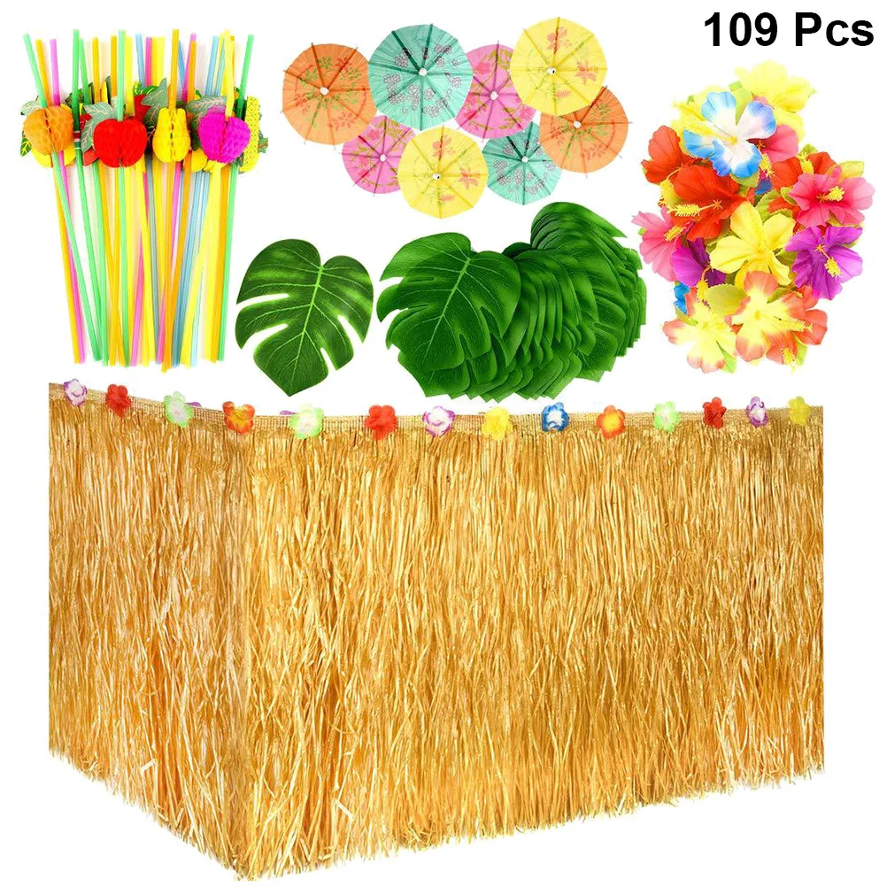 

1pc Monstera Leaves Straws Umbrella Toppers Skirt Hawaiian Party Decoration Set Grass Table Skirt For