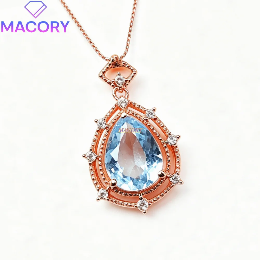 Natural Sky Blue Topaz Pendant Necklace S925 Sterling Silver Trendy Simple design Vintage Style Valentine's Day Anniversary Gift