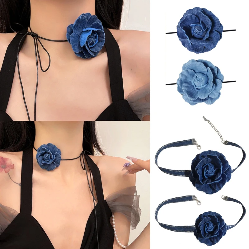 Sexy Cloth Choker Tie Cravat Flower Choker for Women Blue Flower Collar Choker Necklace for Girls Accessories for Teen