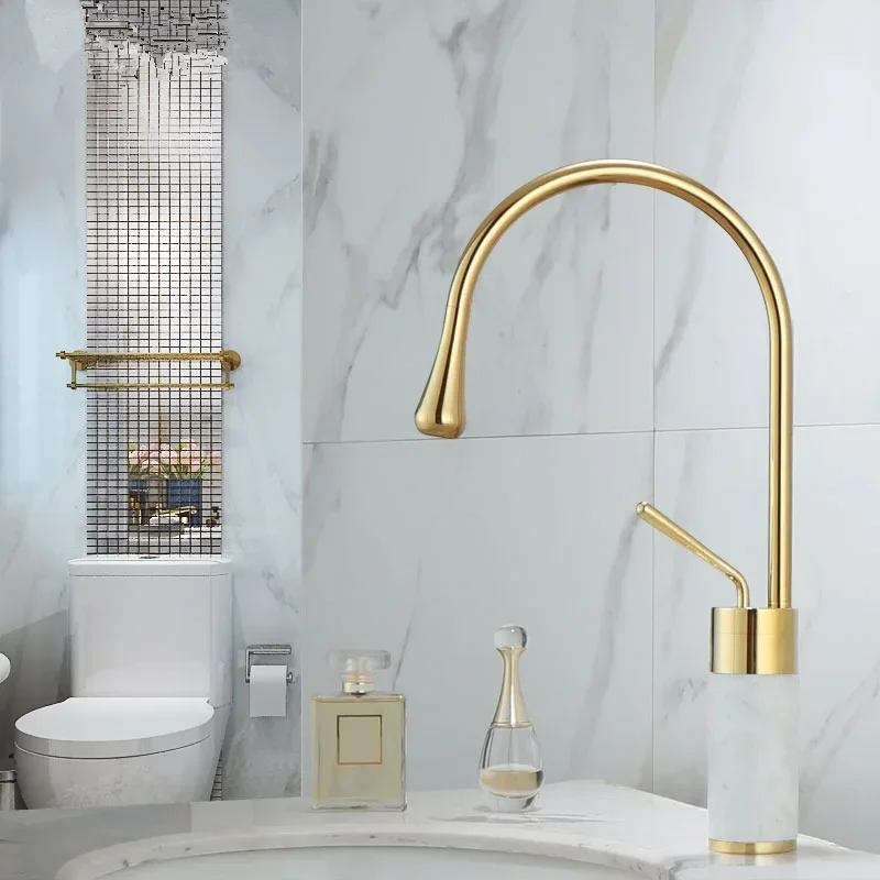 

Basin Faucets Gold and Marble Sink Brass Single handle Kitchen Swivel Water Crane New Arrival