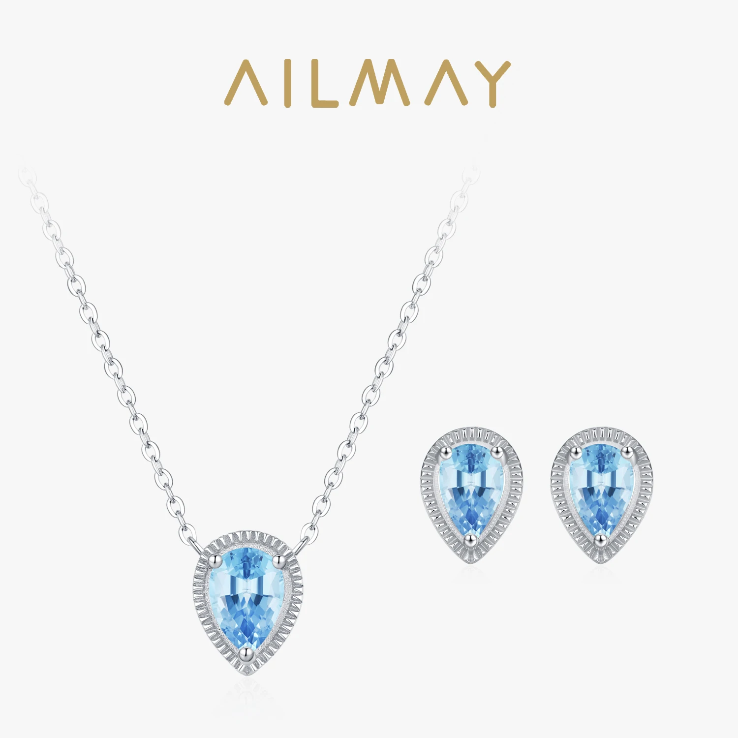 Ailmay Elegant 925 Sterling Silver Blue Pear Pendant Necklace Stud Earrings For Women Holiday Or Anniversary Jewelry Set 3