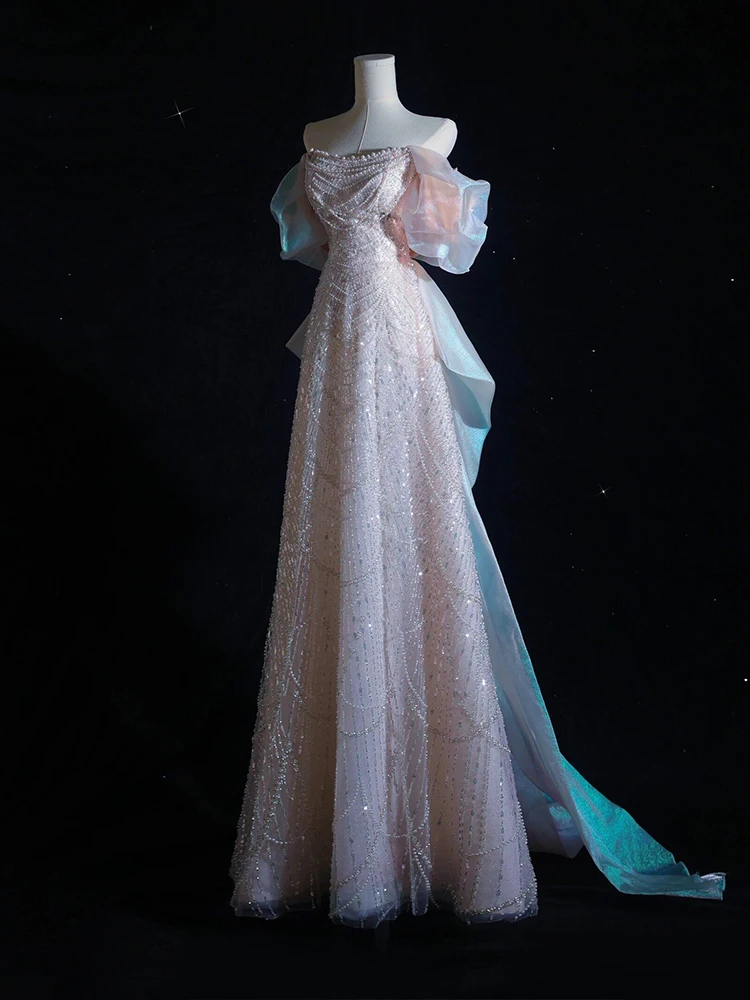 

Элегантное вечернее платье на одно плечо с пайетками, в корейском стиле, с жемчужной отделкой, А-силуэт, длинное, для вечеринок, свадеб и юбилеев