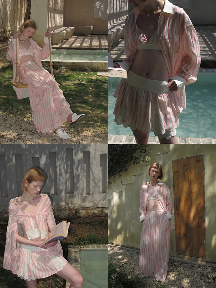 

Летний комплект Cariedo: свободная полосатая рубашка с юбкой и широкими брюками в корейском стиле, с длинными рукавами, повседневный, модный