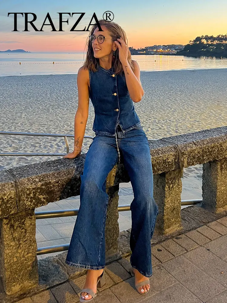 TRAFZA 2024 Summer Women Fashion Denim Trousers Suits Solid Tight Cropped Vest Top + Versatile Female Wide Leg Long Pant Trendy