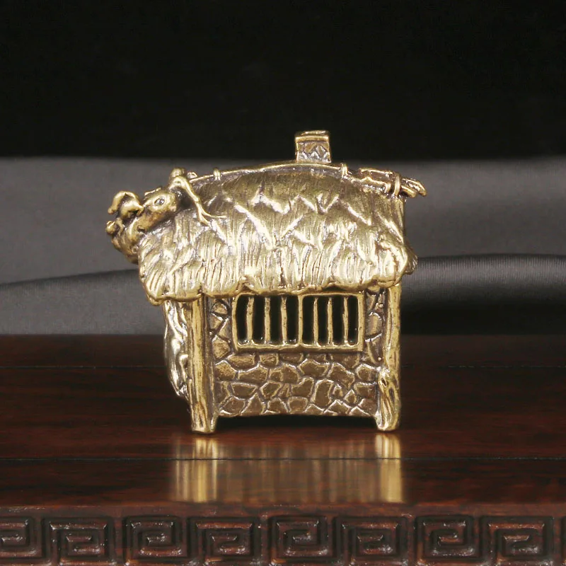 Brass Antique Mini House Incense Burner Creative Thatch House Incense Insert Decoration Copper Carving Craft Gift