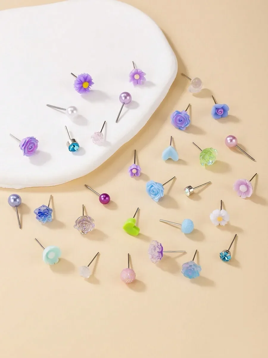 

30 Pairs Cute Multi-Color Flower And Heart Stud Earrings For Women Gift