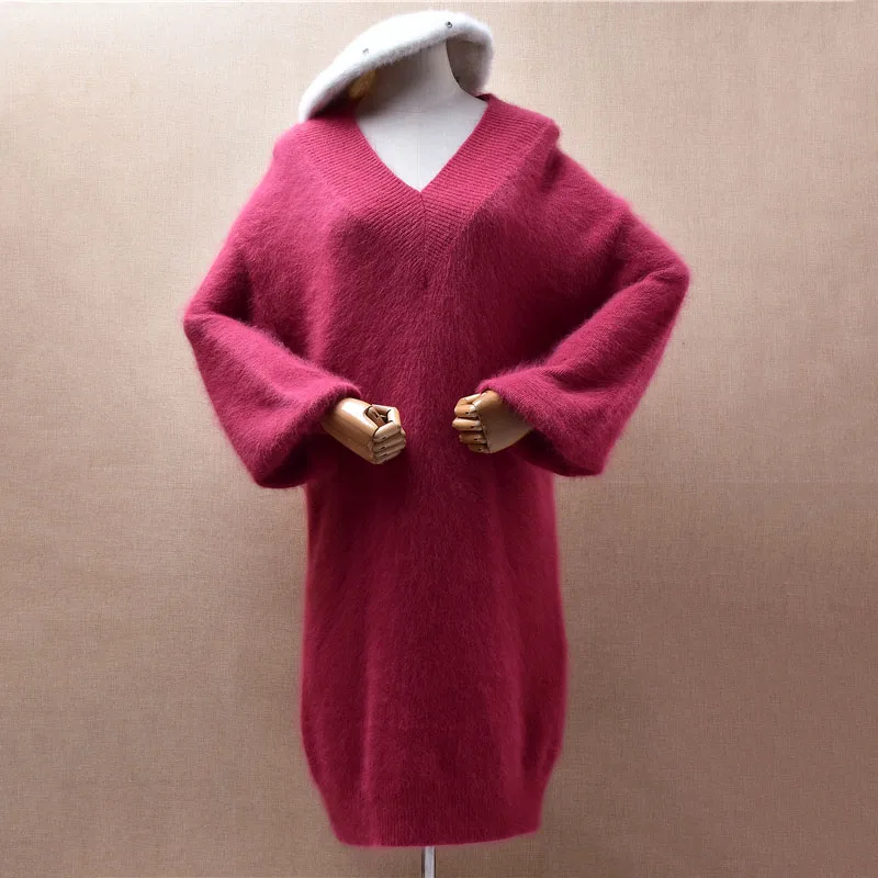 

Ladies Women Autumn Winter Clothing Fashion Angora Rabbit Hair Knitted V-Neck Long Lantern Sleeves Long Sweater Dress Jumper Top