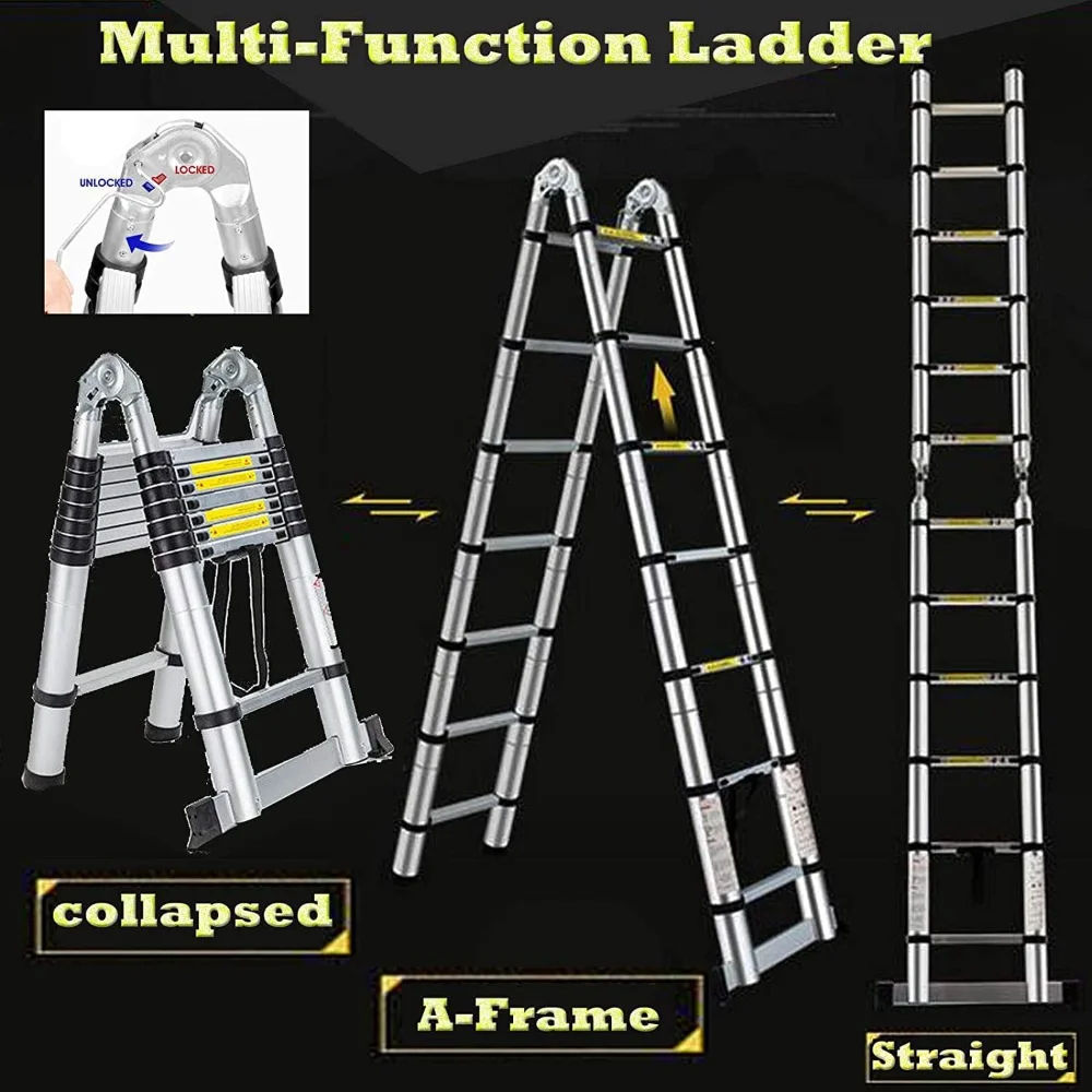 A-Frame Telescoping Ladder 12.5ft 6 + 6 Steps Adjustable Height with Support Bar Anti-Slip Feet, 330lbs Max Load, Folded Height