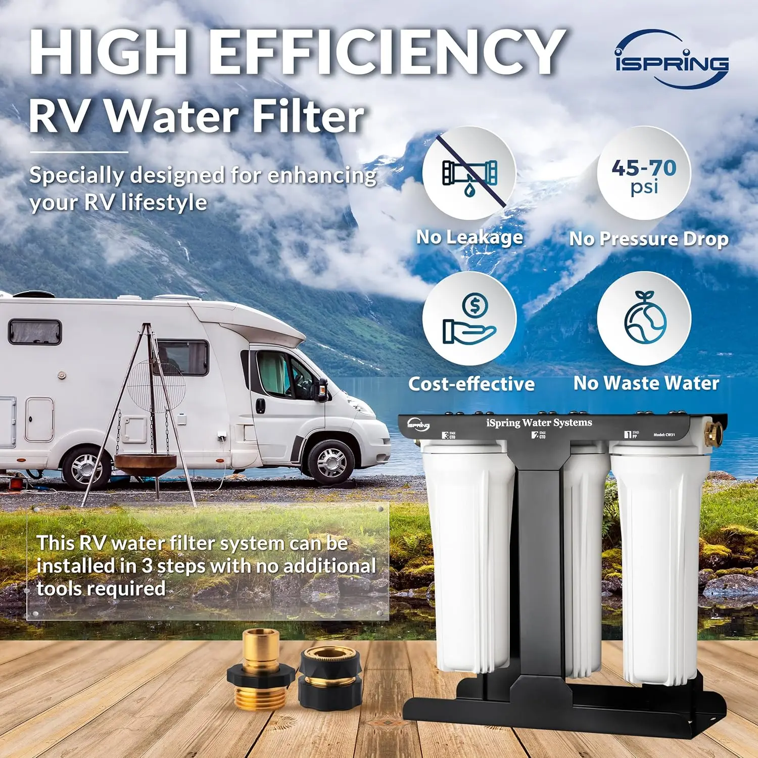 iSpring CW31 RV Water Filter System, 3-Stage RV Water Filtration System for Campers, 3/4'' Lead-Free Brass Hose Quick Connectors