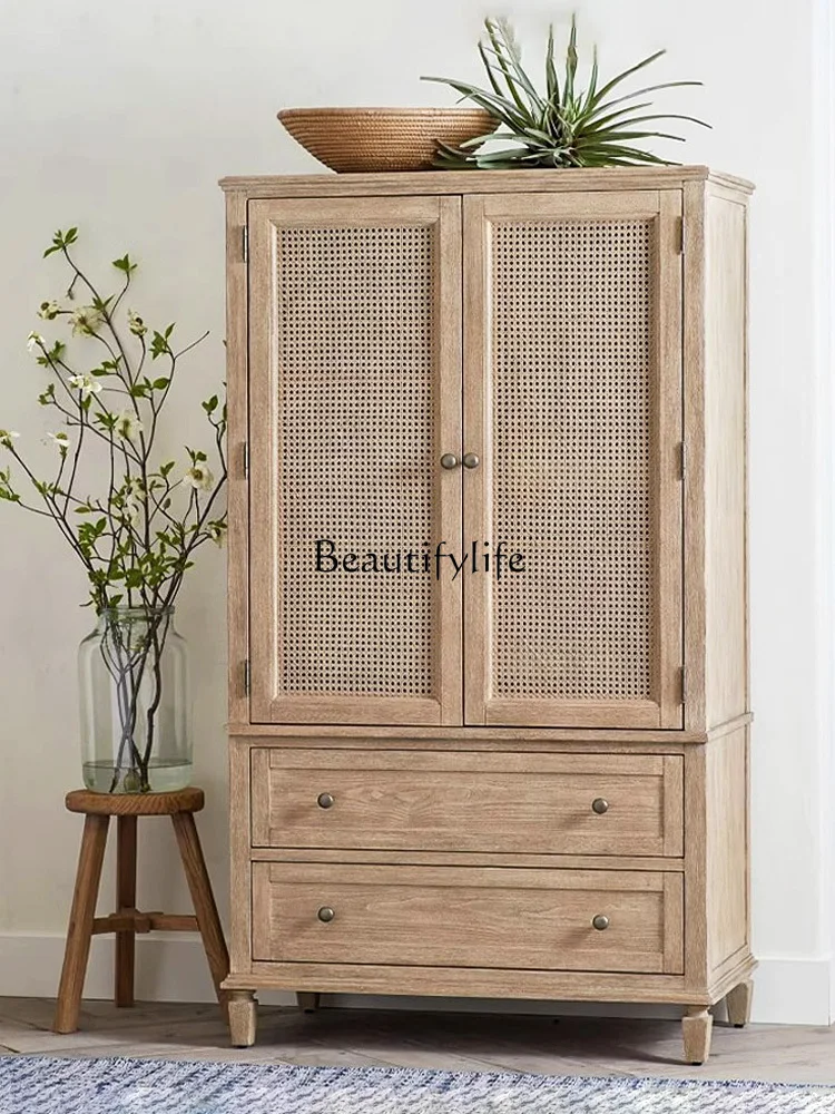 American-Style Solid Wood Rattan Wardrobe French Retro Locker