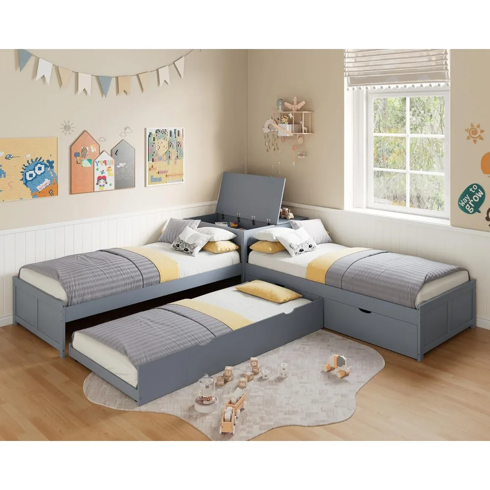 

L-образная двуспальная кровать с откидным столом для хранения вещей, компактный каркас кровати на платформе из массива дерева, серая отделка, мульти-фу