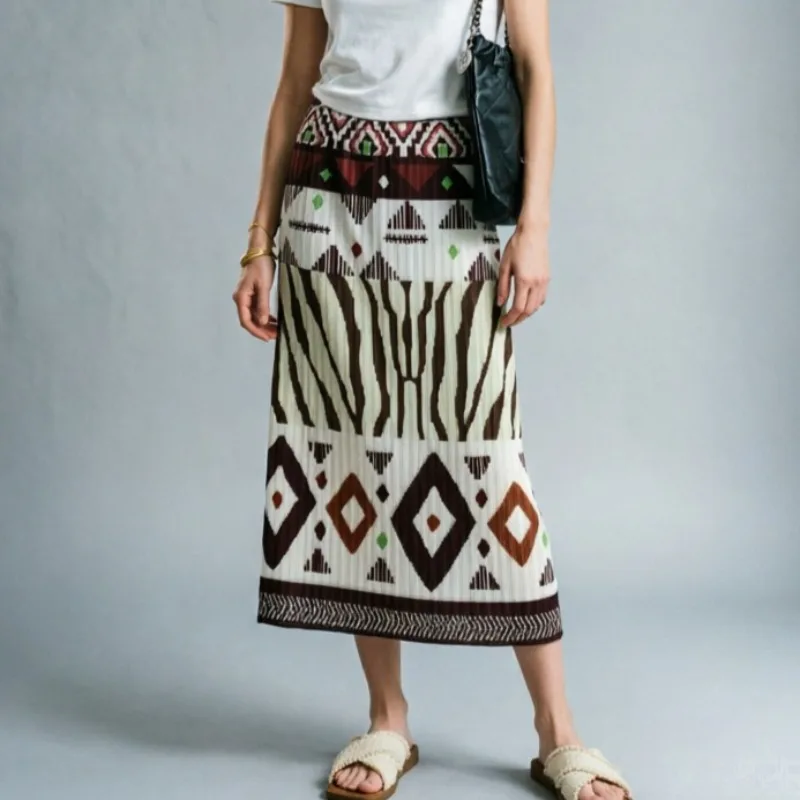 Miyake Pleated Printed Skirt Women 2026 Summer New Pleats Jupe Craft Draped Lazy Retro Color-Block Print Elastic Waist Skirt