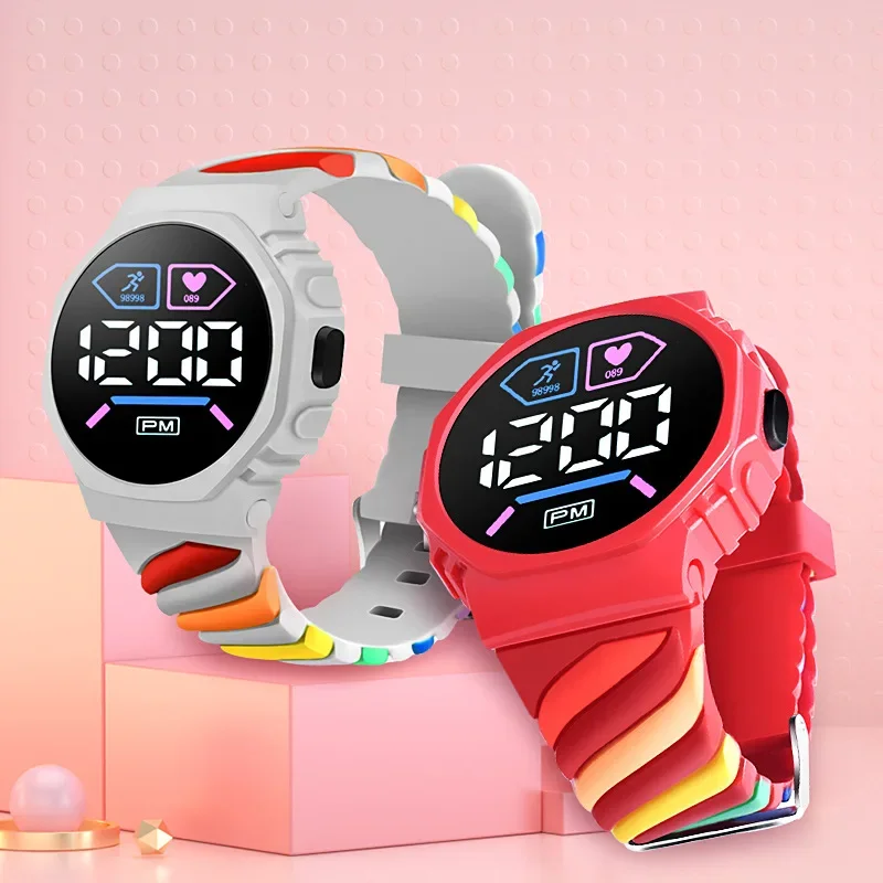 Montre électronique de sport de plein air pour enfants, arc-en-ciel, bracelet en silicone, étanche, LED, montres numériques pour enfants, cadeaux pour fille et garçon, nouveau