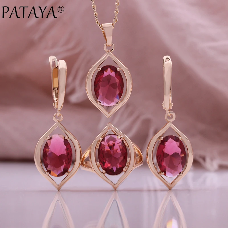 PATAYA Blue Zircon Women 585 Gold Rose Color Round Cubic Zircon Pendant Earrings Rings Sets Optional Necklace Chain Jewelry