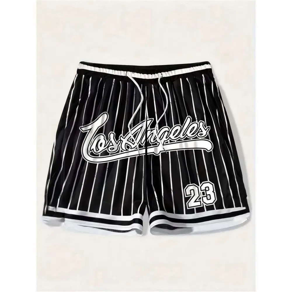 

European and American men's summer Gothic letter stripe print comfortable breathable drawstring shorts outdoor casual pants