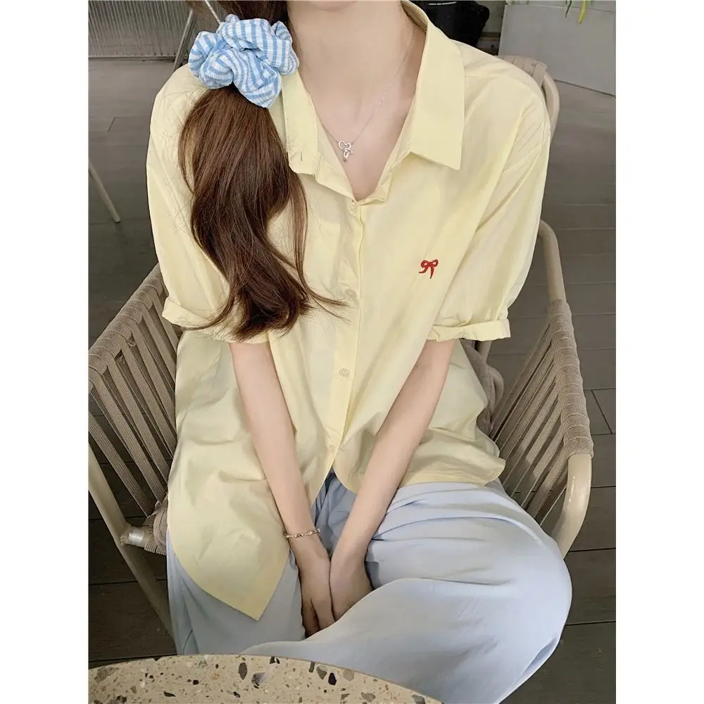 Niche Bowknot Women Girl Blouse Embroidered Loose Short Sleeves Shirt Turn Down Collar Student Summer Top