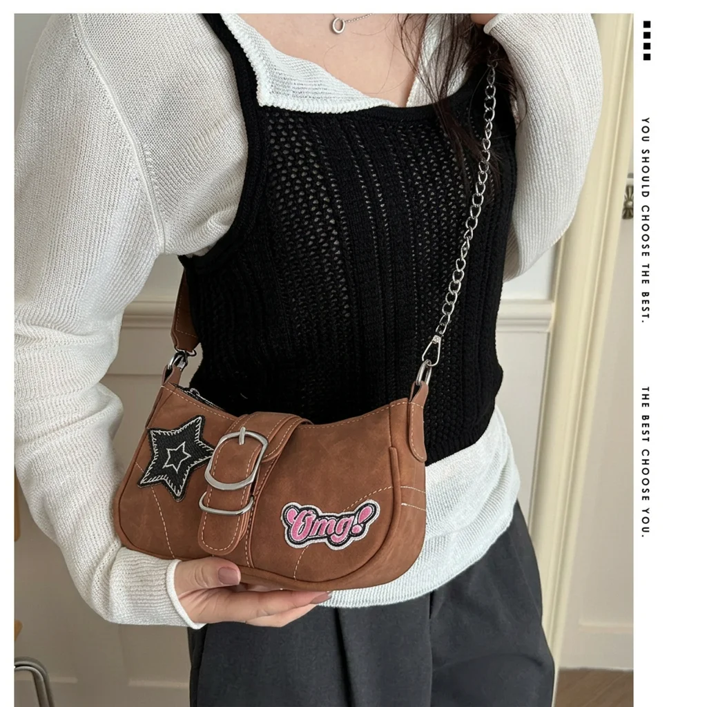 

Suede Chain Bag Eye-Catching Multi-Way Underarm Bag Star Detail Handbag Vintage Women'S Crossbody Bag For Casual Outfits Daily